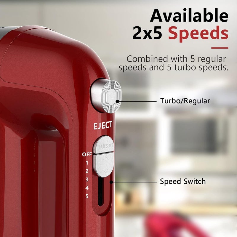 LILPARTNER Hand Mixer Electric, 450W Kitchen Mixers with Scale Cup Storage Case, Turbo Boost/Self-Control Speed + 5 Speed + Eject Button + 5 Stainless Steel Accessories, For Easy Whipping Dough, Cream, Red - Image 3